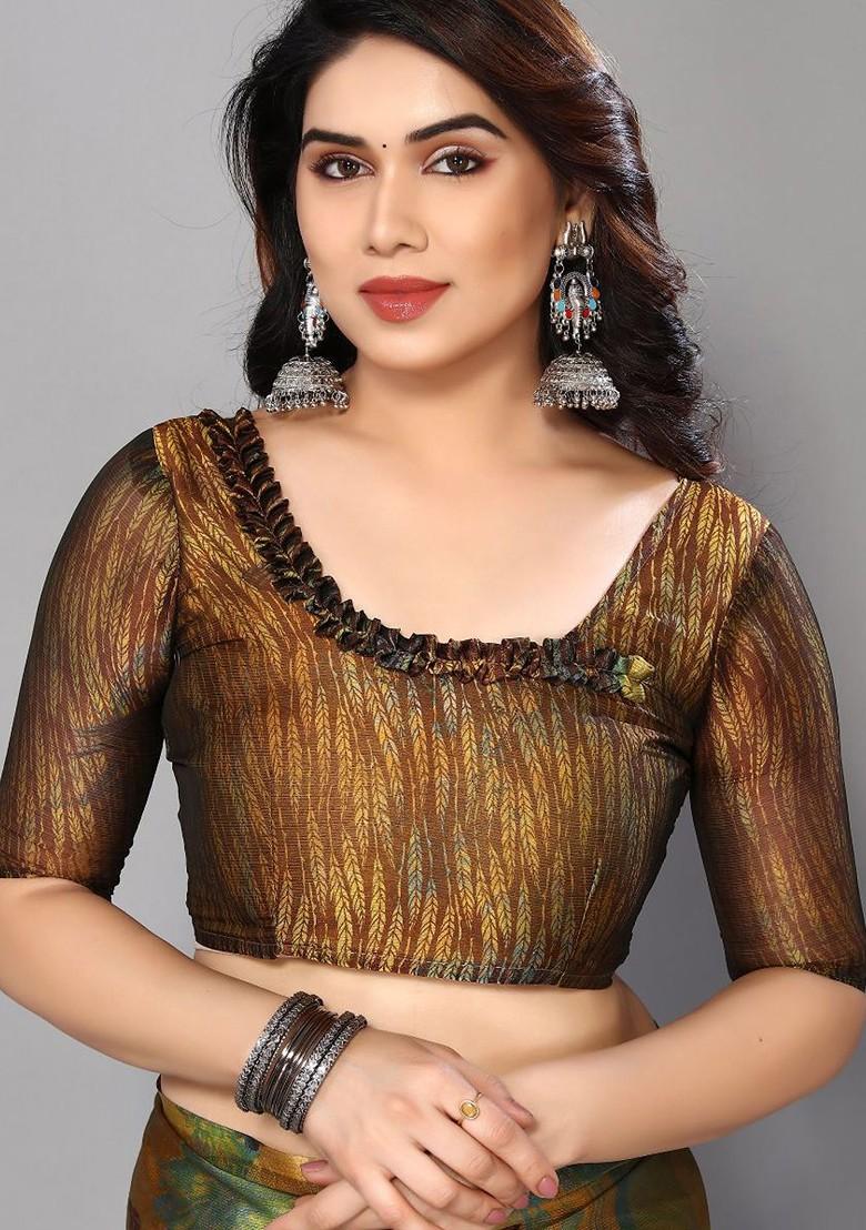 Green Abstract Print Poly Chiffon Saree Set - Indya