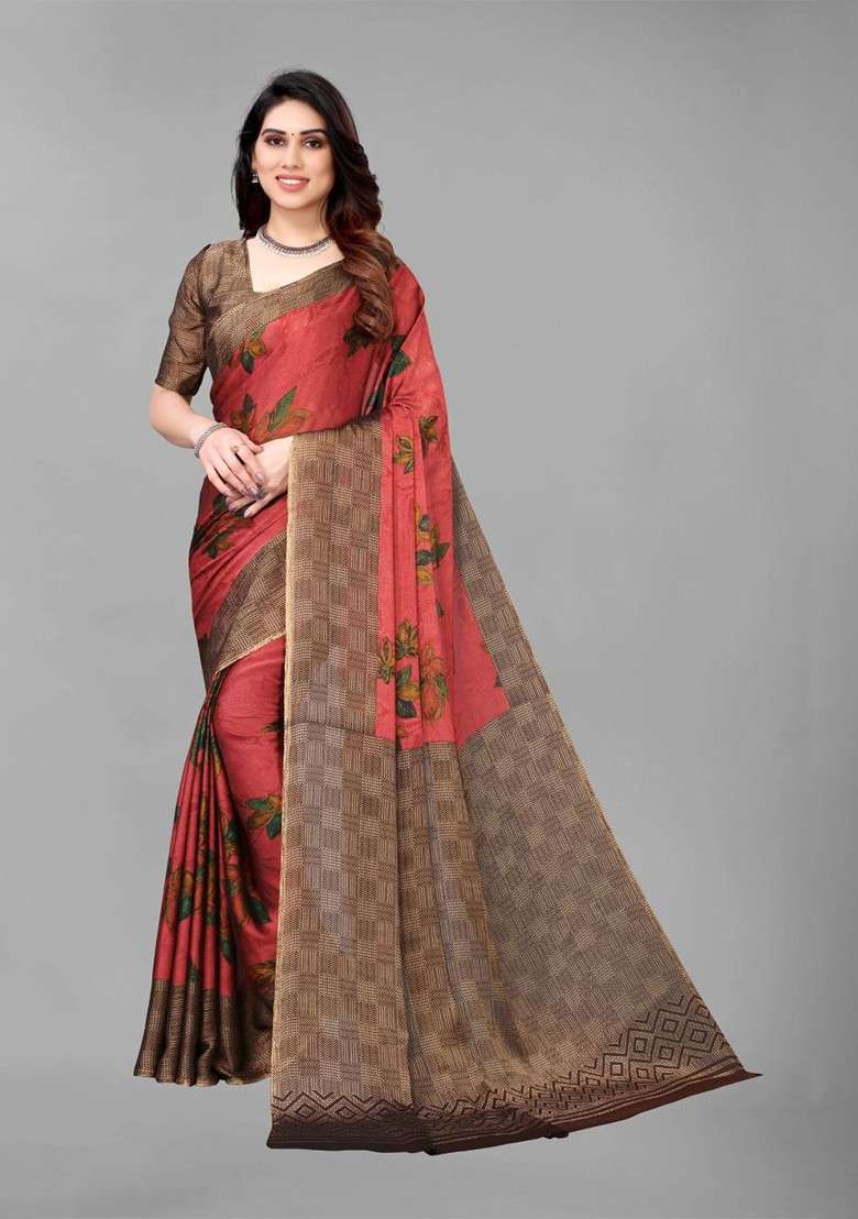 Pink Floral Poly Chiffon Saree Set - Indya