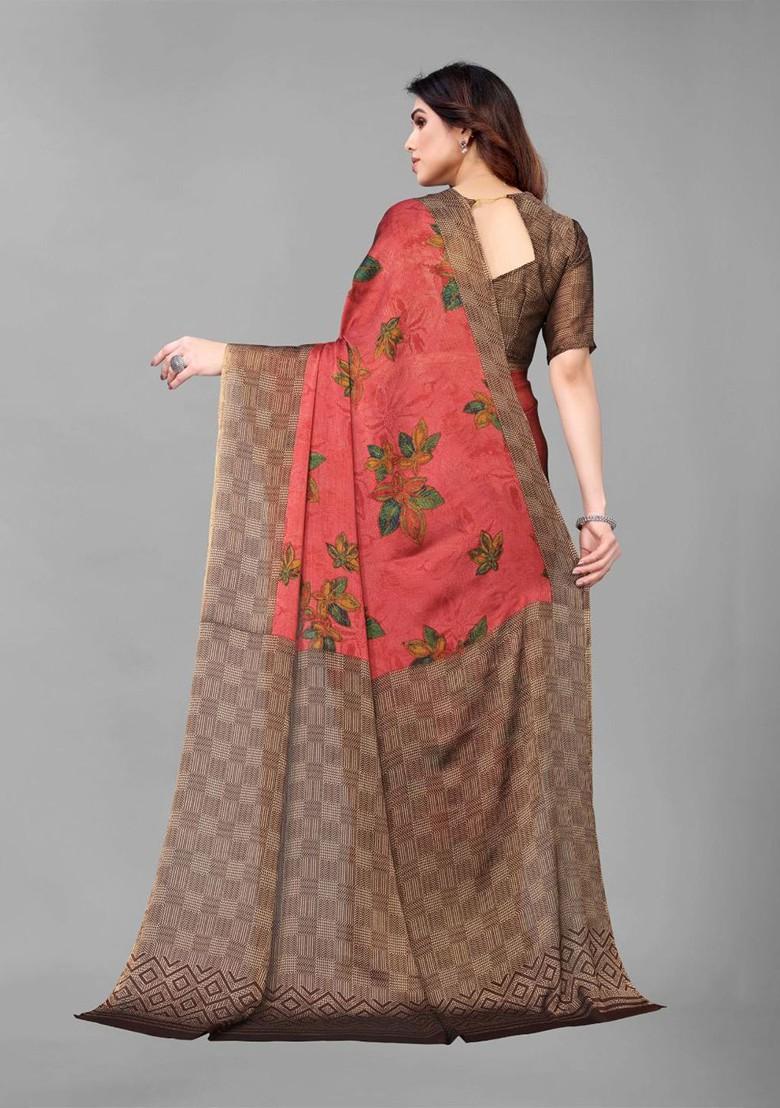 Pink Floral Poly Chiffon Saree Set