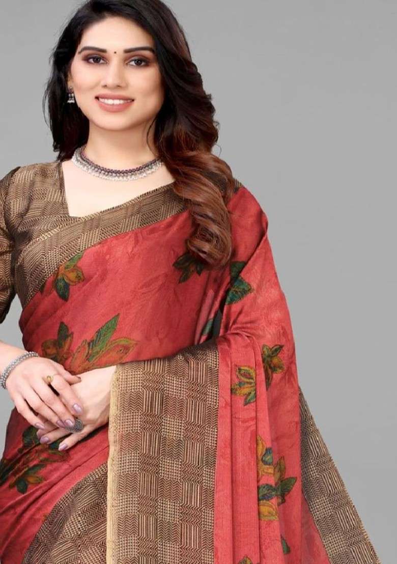 Pink Floral Poly Chiffon Saree Set - Indya