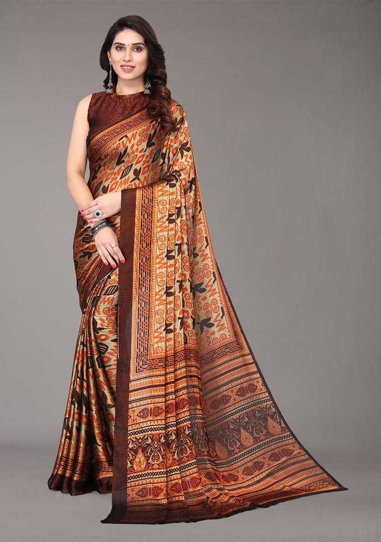 Brown Ethnic Motifs Printed Poly Chiffon Saree Set