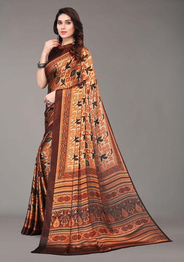 Brown Ethnic Motifs Printed Poly Chiffon Saree Set