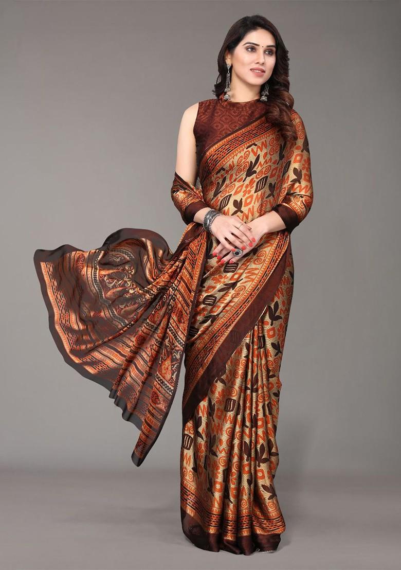 Brown Ethnic Motifs Printed Poly Chiffon Saree Set