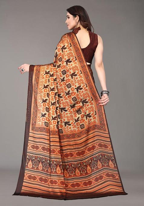 Brown Ethnic Motifs Printed Poly Chiffon Saree Set