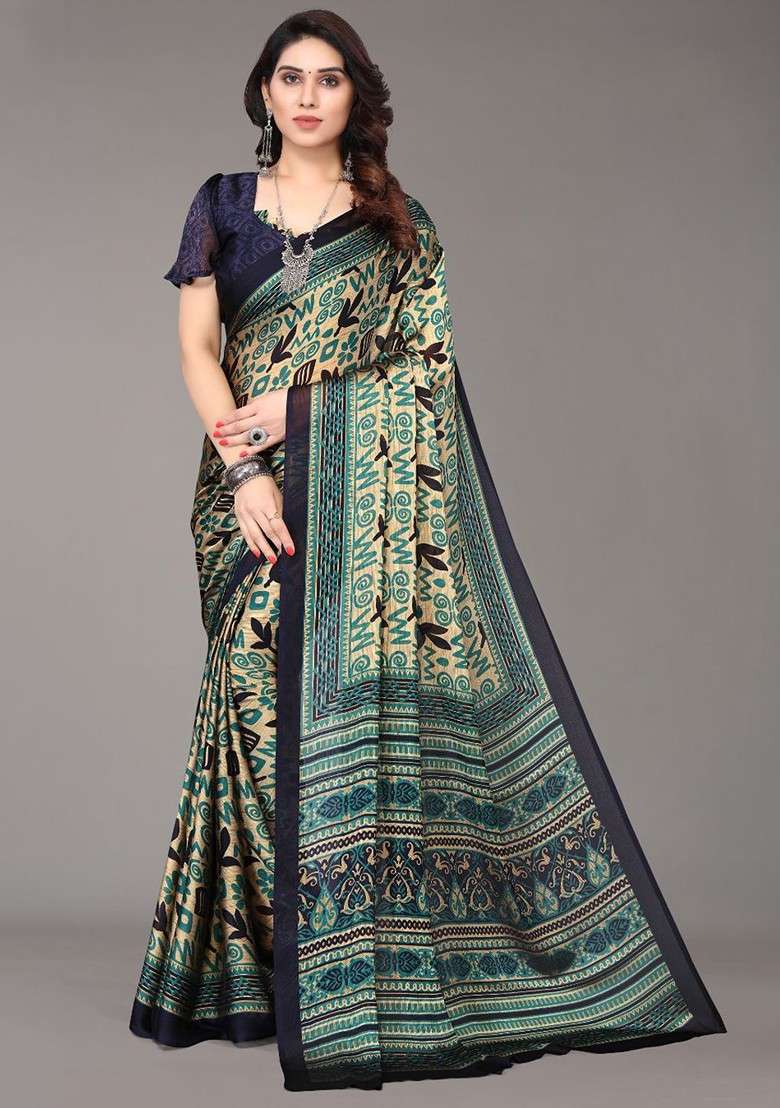 Navy Blue Floral Print Poly Chiffon Saree Set - Indya