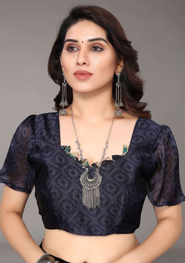 Navy Blue Floral Print Poly Chiffon Saree Set - Indya