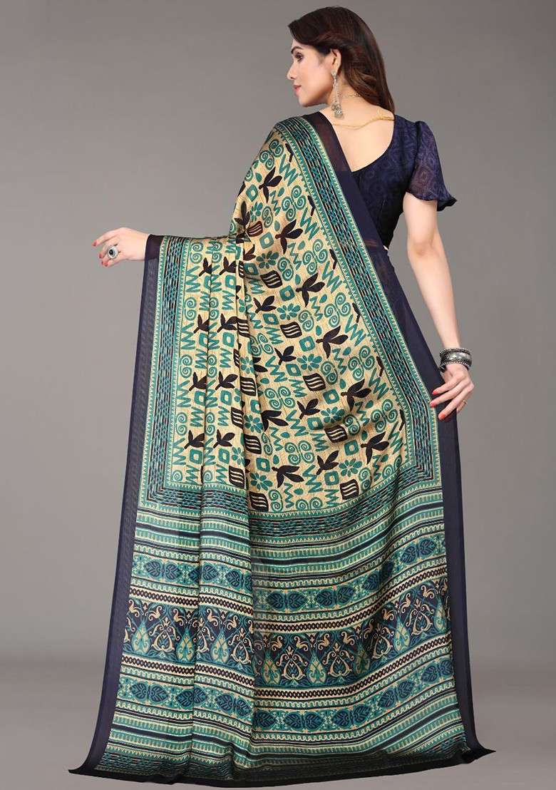 Navy Blue Floral Print Poly Chiffon Saree Set - Indya