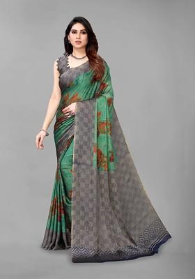 Blue Floral Print Saree Set