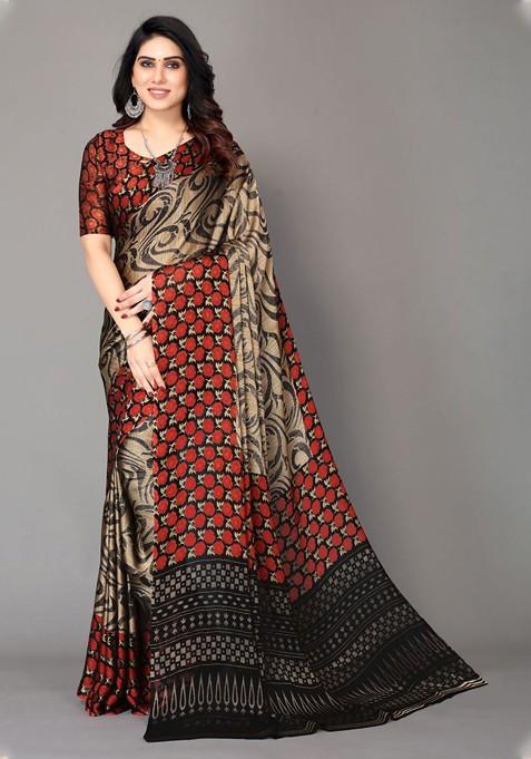 Red Ethnic Motif Printed Saree Set
