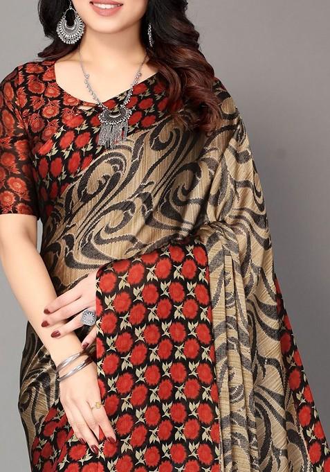 Red Ethnic Motif Printed Saree Set