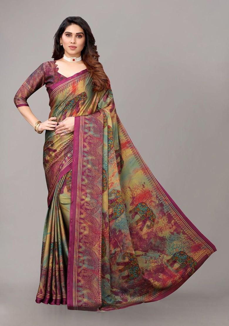 Purple Ethnic Motifs Printed Poly Chiffon Saree Set