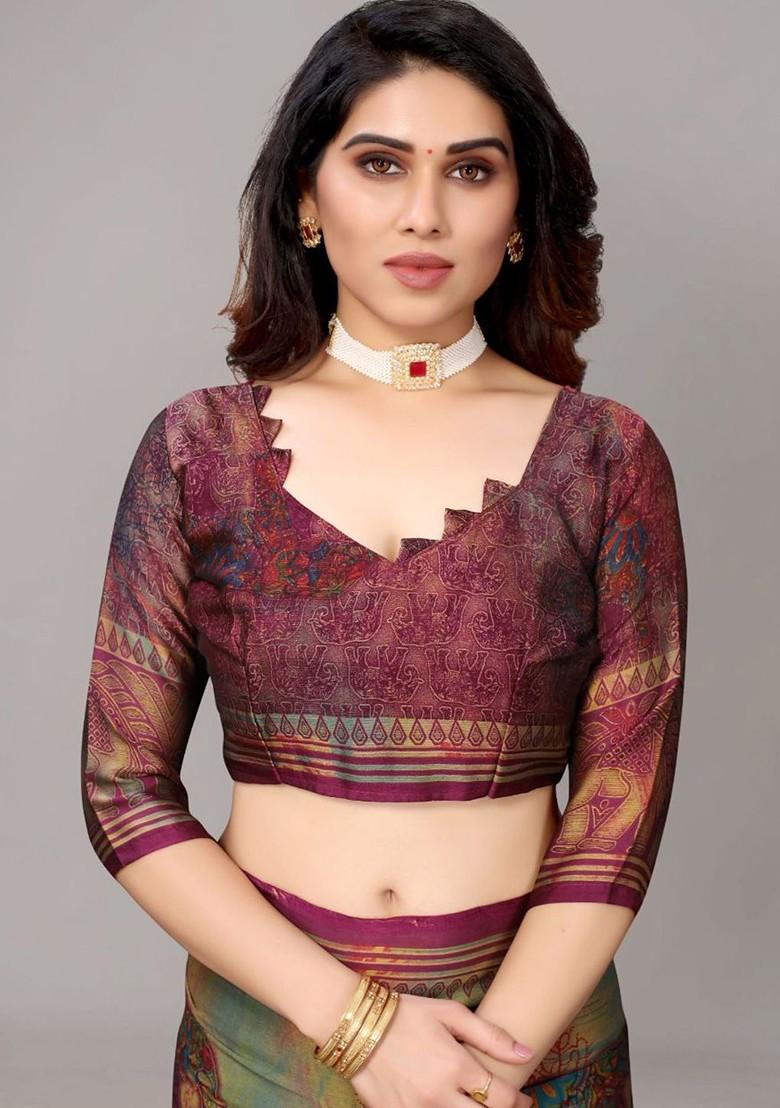 Purple Ethnic Motifs Printed Poly Chiffon Saree Set