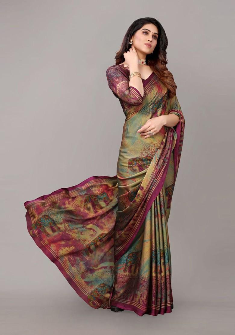 Purple Ethnic Motifs Printed Poly Chiffon Saree Set