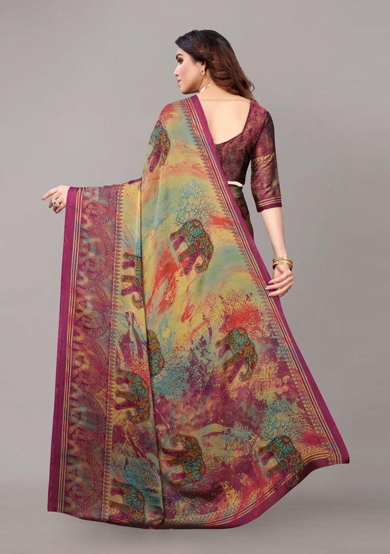 Purple Ethnic Motifs Printed Poly Chiffon Saree Set