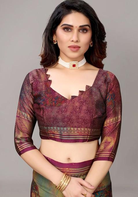 Purple Ethnic Motifs Printed Poly Chiffon Saree Set