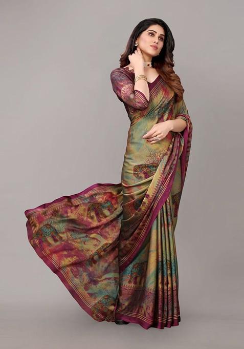 Purple Ethnic Motifs Printed Poly Chiffon Saree Set
