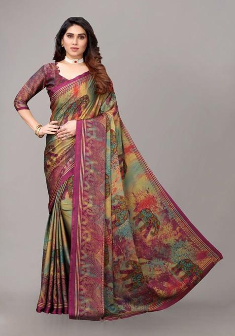 Purple Ethnic Motifs Printed Poly Chiffon Saree Set