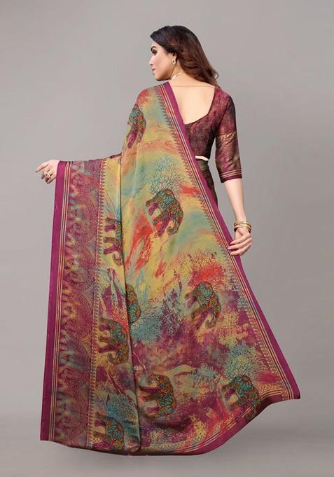 Purple Ethnic Motifs Printed Poly Chiffon Saree Set