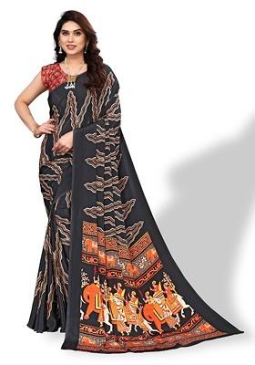 Black Abstract Print Pure Crepe Saree Set
