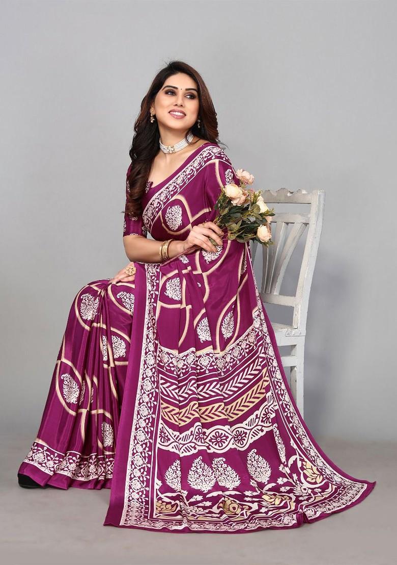 Purple Ethnic Motifs Pure Crepe Saree Set