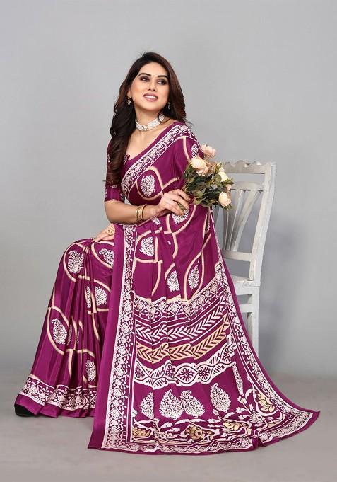 Purple Ethnic Motifs Pure Crepe Saree Set