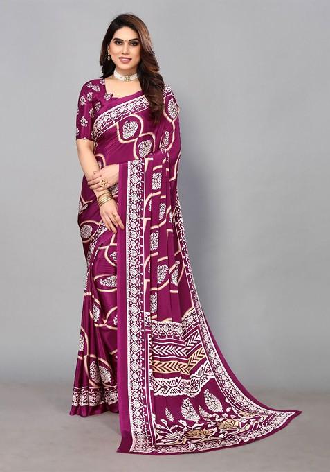 Purple Ethnic Motifs Pure Crepe Saree Set