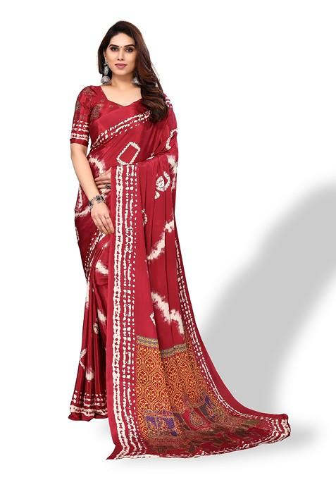 Red Tie And Dye Pure Crepe Saree Set