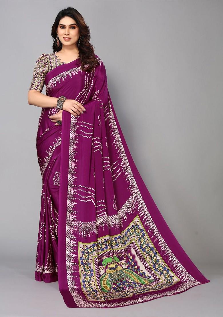 Purple Floral Print Pure Crepe Saree Set