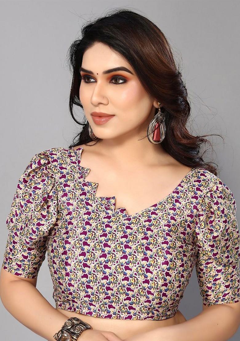 Purple Floral Print Pure Crepe Saree Set