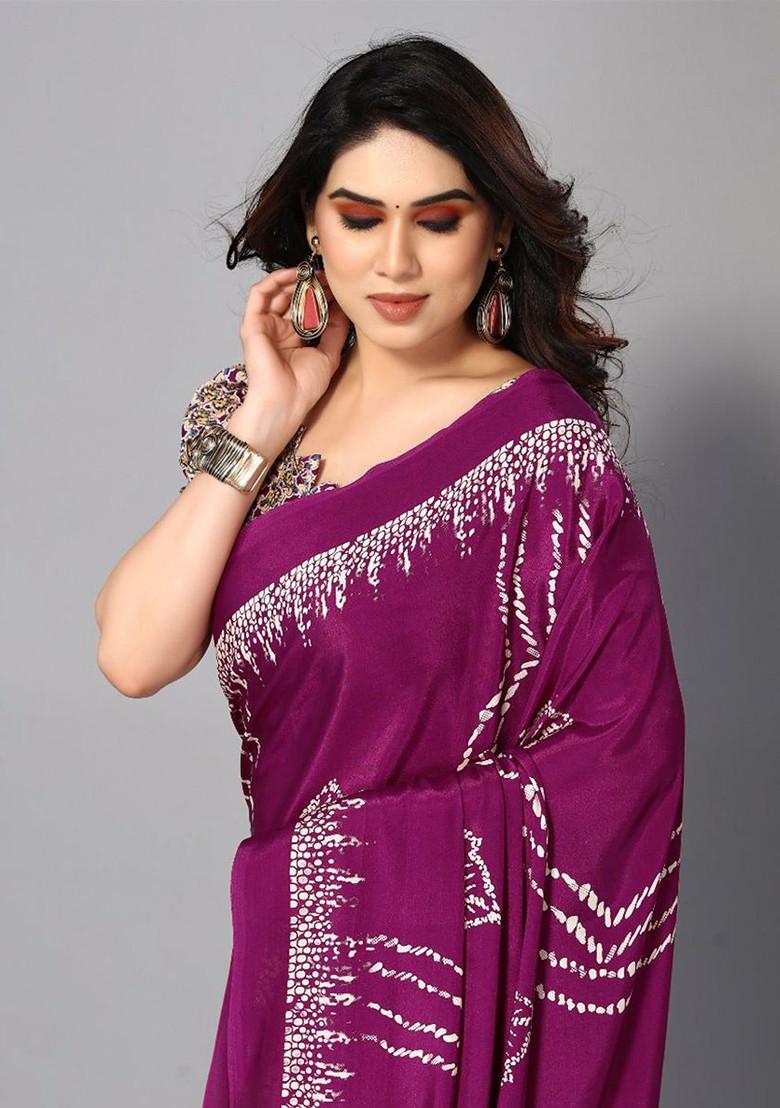 Purple Floral Print Pure Crepe Saree Set