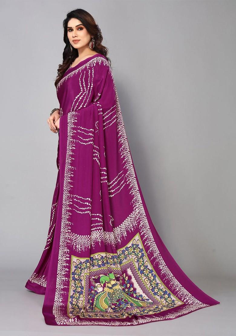 Purple Floral Print Pure Crepe Saree Set
