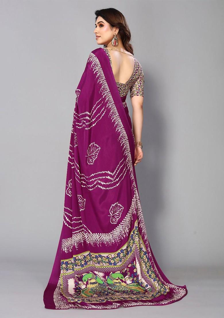 Purple Floral Print Pure Crepe Saree Set