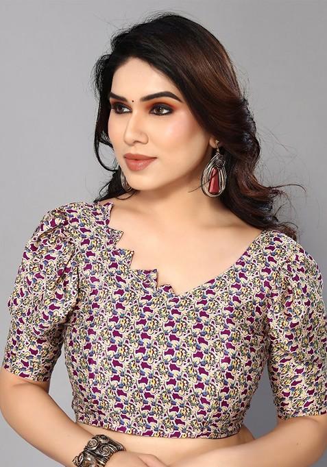 Purple Floral Print Pure Crepe Saree Set