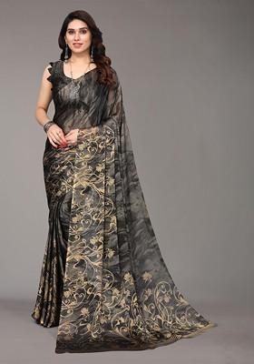Black Abstract Print Poly Chiffon Saree Set