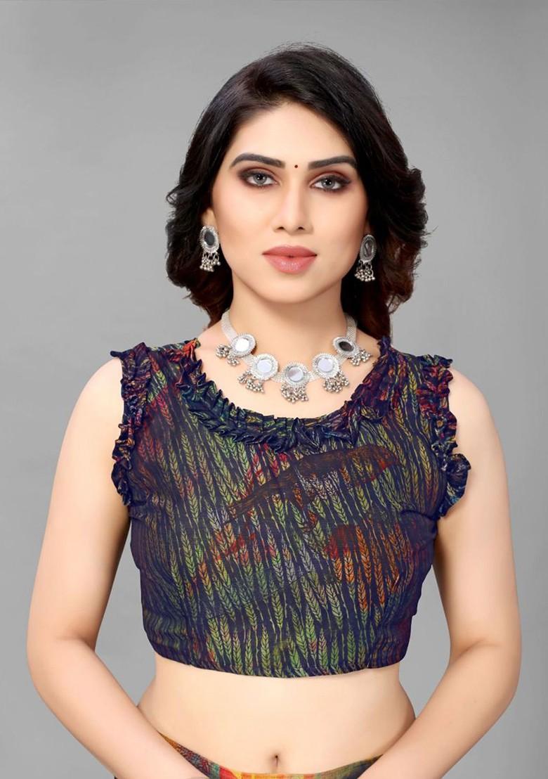 Green Floral Print Poly Chiffon Saree Set