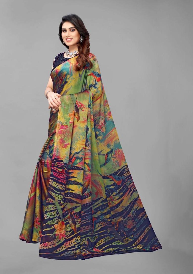 Green Floral Print Poly Chiffon Saree Set