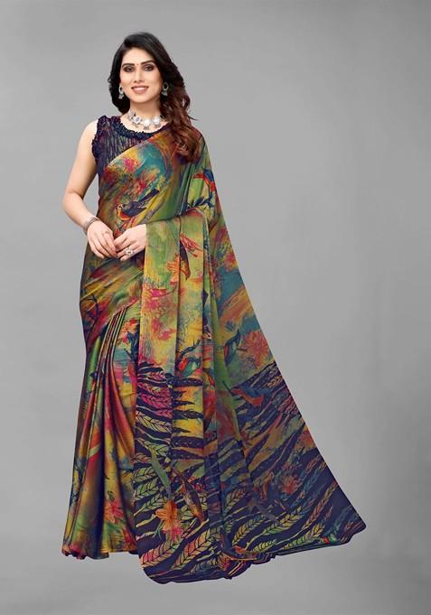 Green Floral Print Poly Chiffon Saree Set