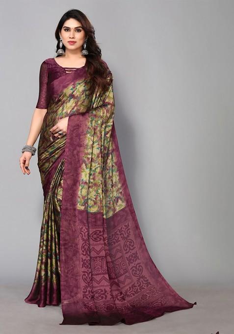 Purple Floral Print Poly Chiffon Saree Set