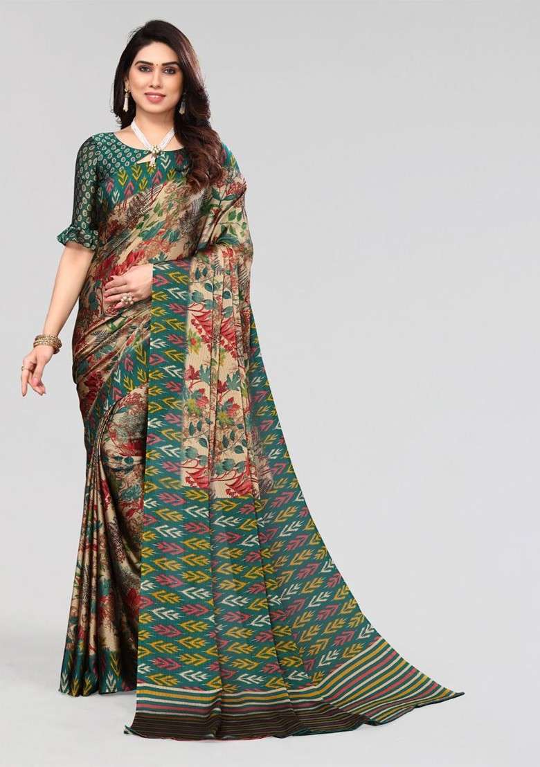 Green Floral Print Saree Set - Indya