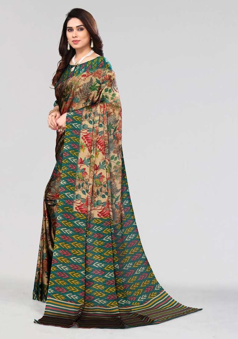 Green Floral Print Saree Set - Indya