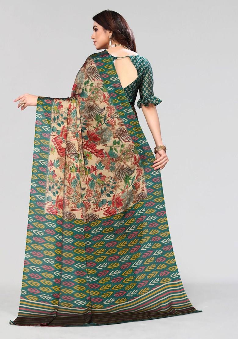 Green Floral Print Saree Set