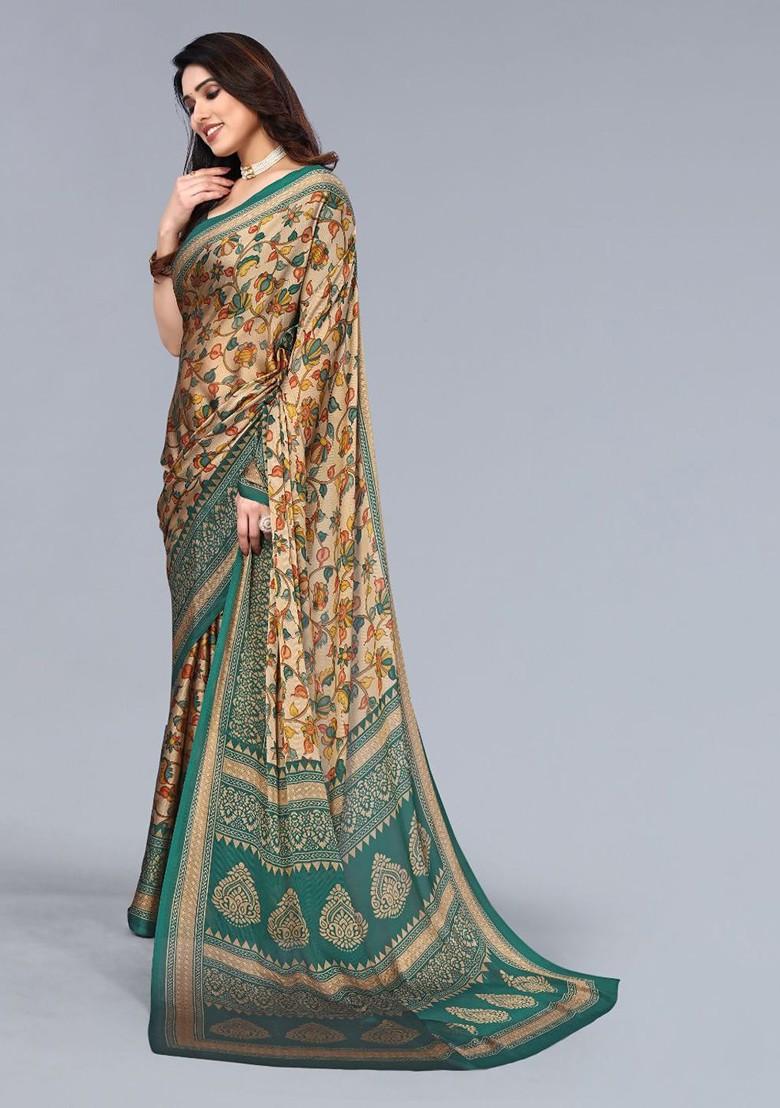 Blue Floral Print Saree Set - Indya