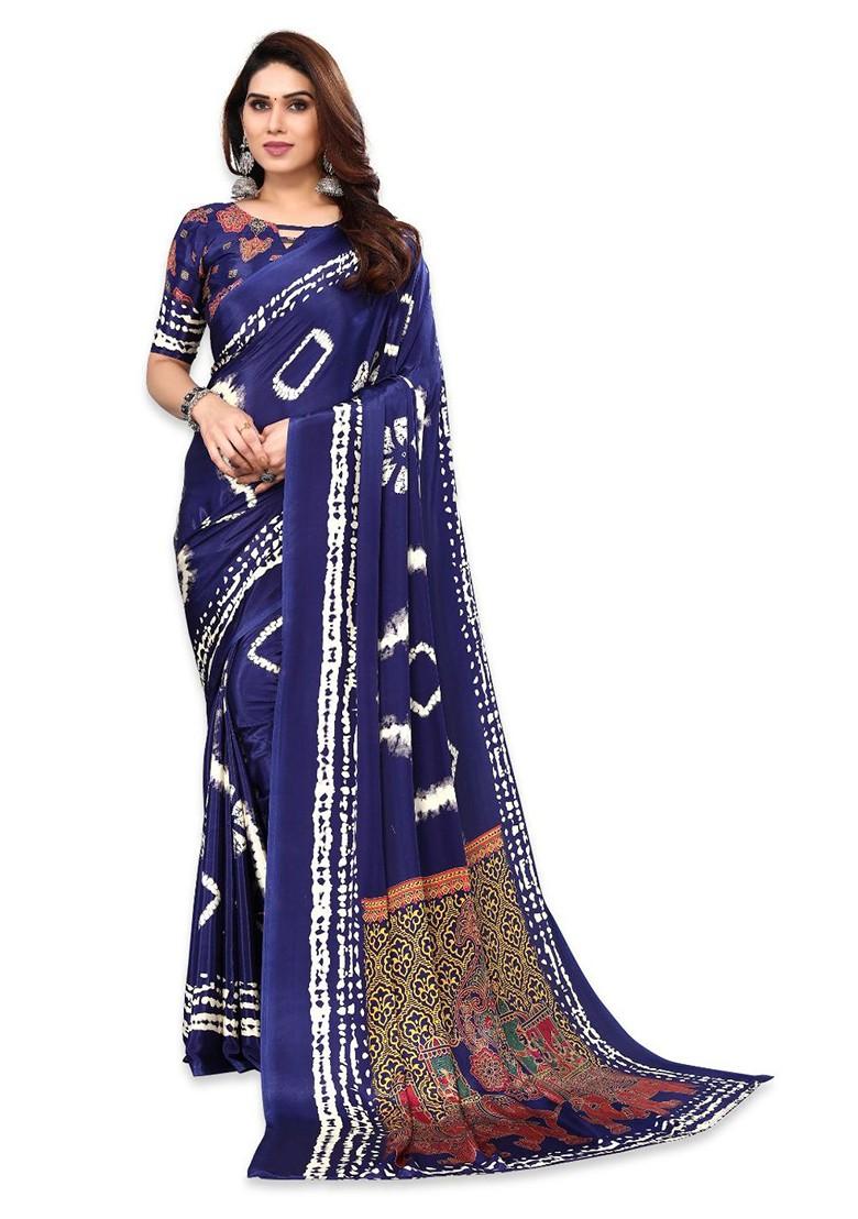 Blue Tie And Dye Pure Crepe Saree Set - Indya