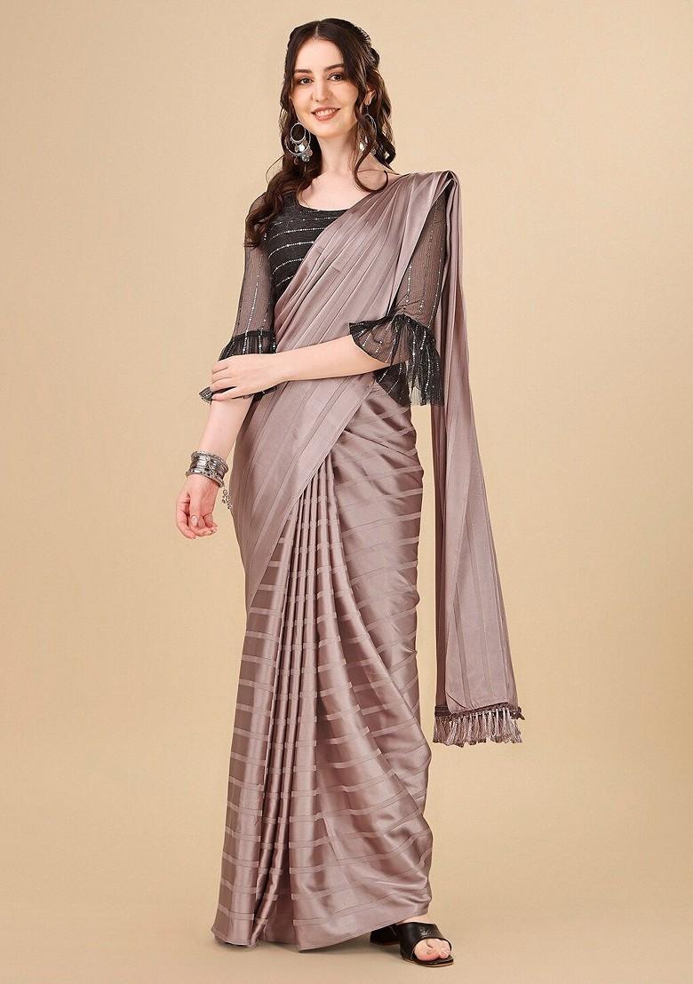 Mauve Striped Print Saree Set - Indya