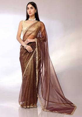 Brown Sequin Embroidered Organza Saree Set