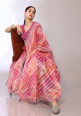 Pink Leheriya Embroidered Tissue Saree Set