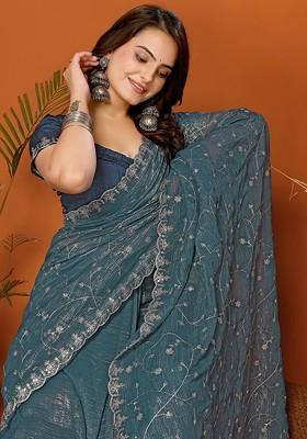 Teal Floral Embroidered Tissue Saree Set