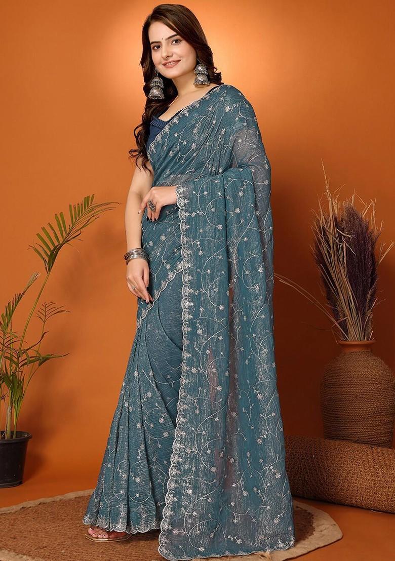Teal Floral Embroidered Tissue Saree Set