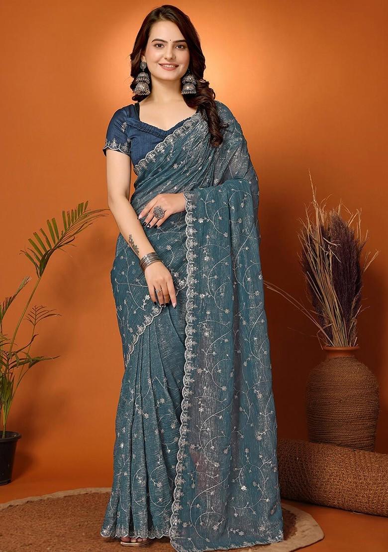 Teal Floral Embroidered Tissue Saree Set