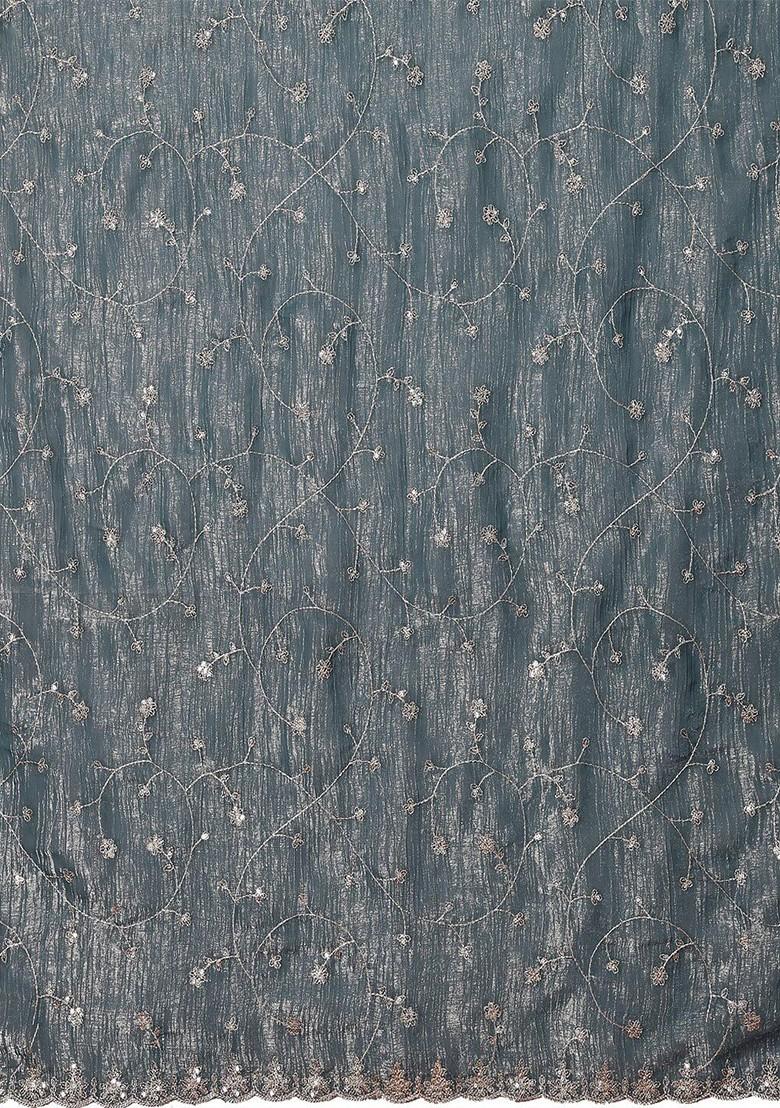 Teal Floral Embroidered Tissue Saree Set